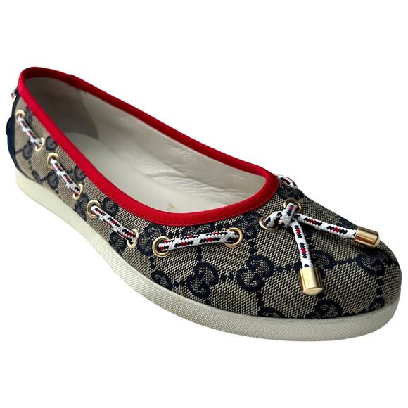 GUCCI GG Signature Logo Monogram Ballerina Flats EU 37 US 7 Navy Red Rope Accent - Picture 13 of 13